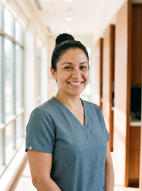 Camille Duarte, dental hygienist, in soft grey-blue scrubs