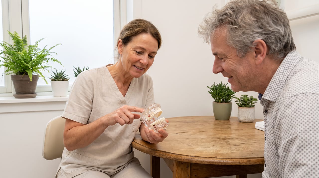 A dentist and a patient at a round oak table in a bright room, looking together at a tooth and jaw model