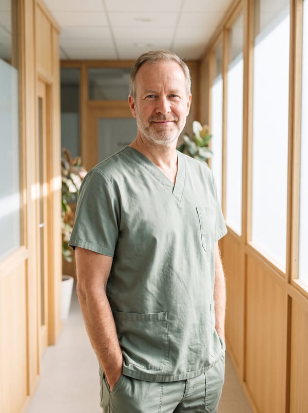Dr. Isaac Brandvold in sage-green scrubs
