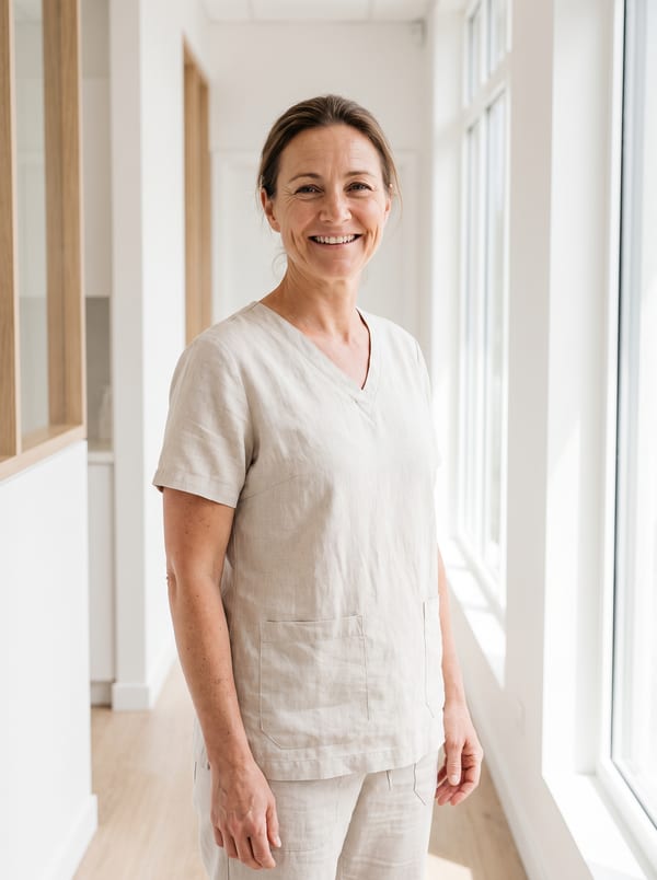 Dr. Nora Whitfield in linen scrubs in the bright Alder & Oak corridor