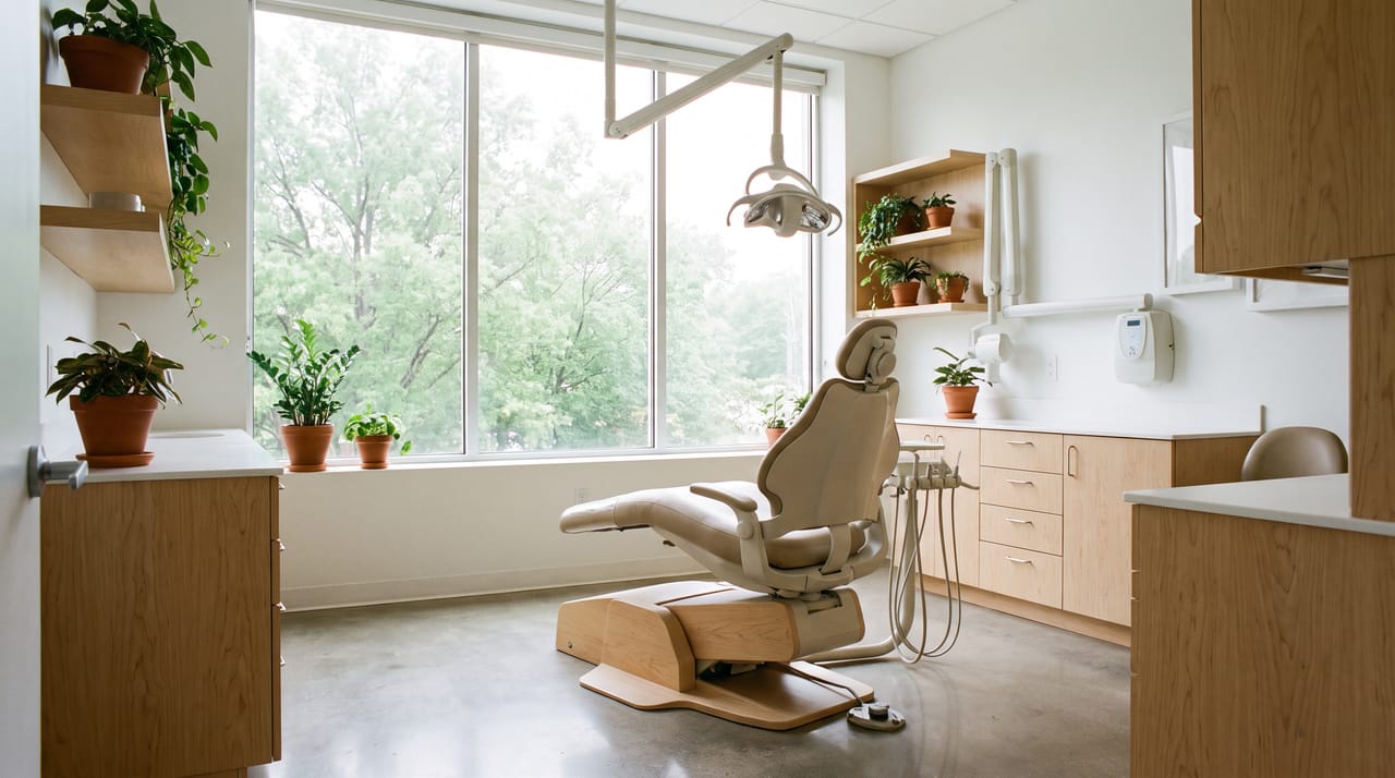 A bright Alder & Oak treatment room with a patient chair, light wood cabinets and a window onto green trees