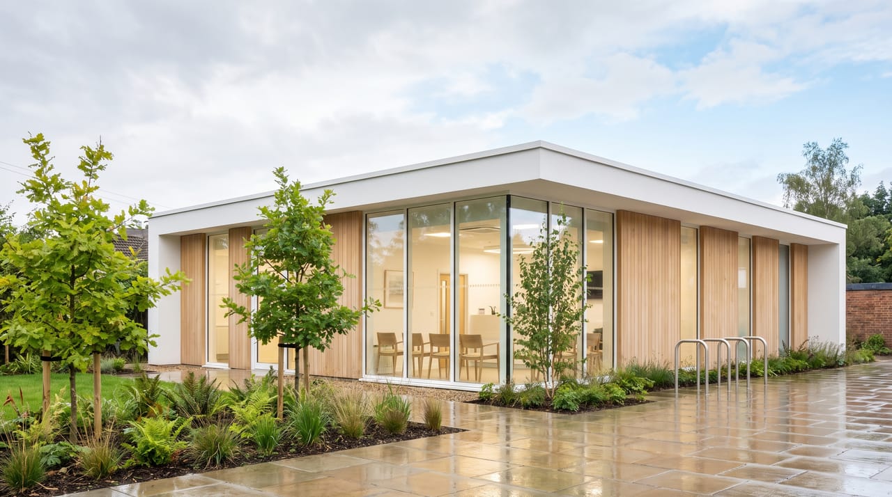 The Alder & Oak Dental Studio building on NE Ashgrove Street in Portland, pale oak and glass among young trees