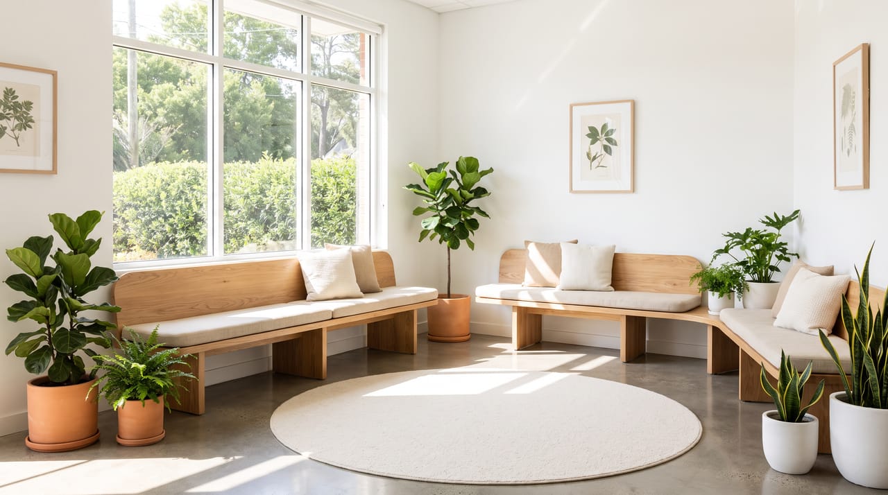 The Alder & Oak waiting room with oak benches, plants and window light
